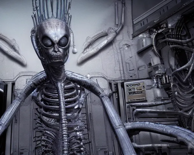 Prompt: film still of alien hunting saul goodman, illustration, unreal engine 5, 8 k, directed by h. r. giger.