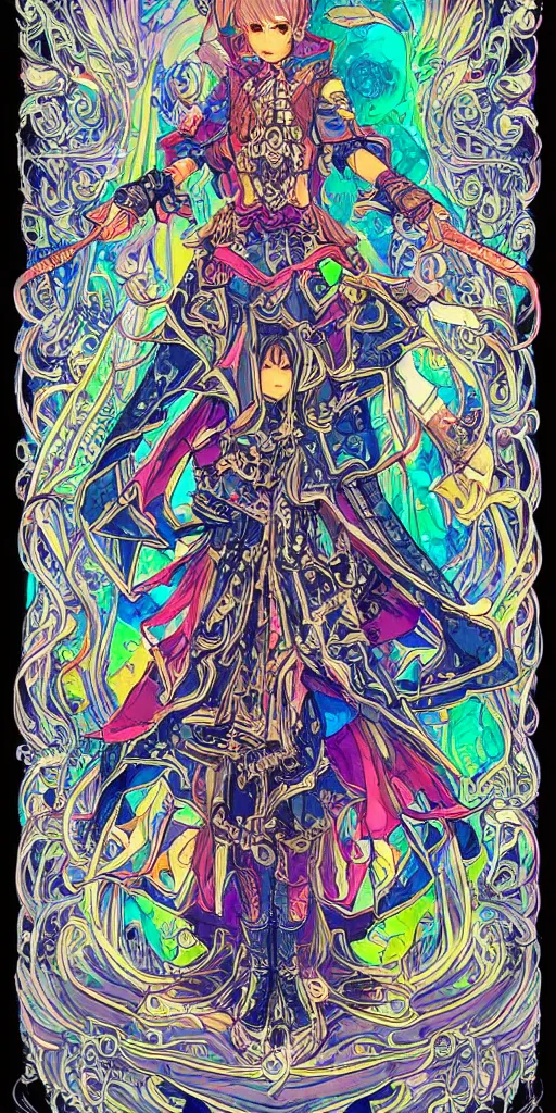 Image similar to a mage from final fantasy 14, intricate, amazing line work, cosmic, psychedelic, cheerful, colorful