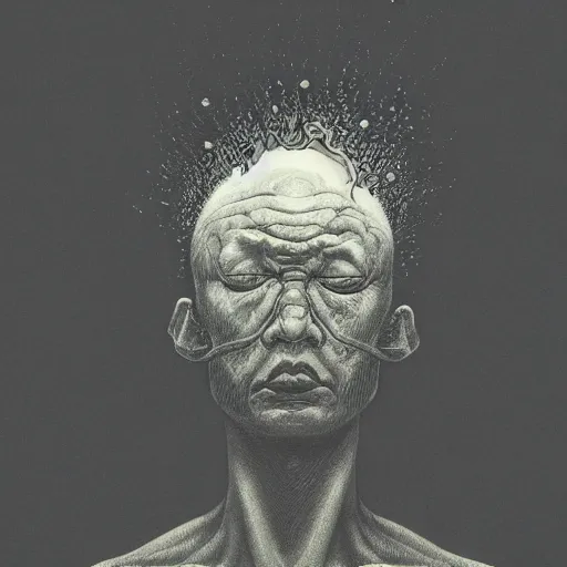 Prompt: A Black background portrait of a man with an exploding head by Zdzisław Beksiński and Katsuhiro Otomo,In style of Japanese comics.digital illustration,Ray tracing,hyper detailed,sharp focus,4k