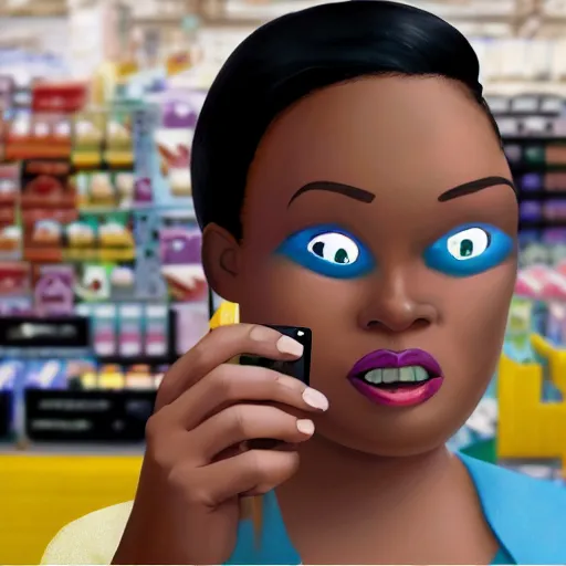 Prompt: stunning, coherent, beautiful painting, still of a beautiful black bbw woman in wal-mart taking a selfie of a creepy man is following her, 3d, in the style of pixar, comic book style, 3d, highly detailed, highly detailed, sharp focus, bokeh, depth of field, 16k resolution, Unreal Engine 5, coherent, cinematic lighting, photorealistic, by Zhang Jingna