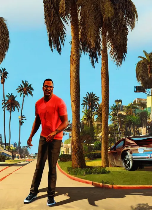 Image similar to eddie murphy gta v los santos in background, palm trees. in the art style of stephen bliss.