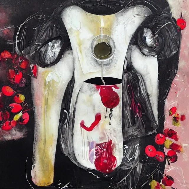 Image similar to “ a portrait in a female art student ’ s apartment, sensual, a pig theme, art supplies, paint tubes, ikebana, herbs, a candle dripping white wax, black walls, squashed berries, berry juice drips, acrylic and spray paint and oilstick on canvas, surrealism, neoexpressionism ”