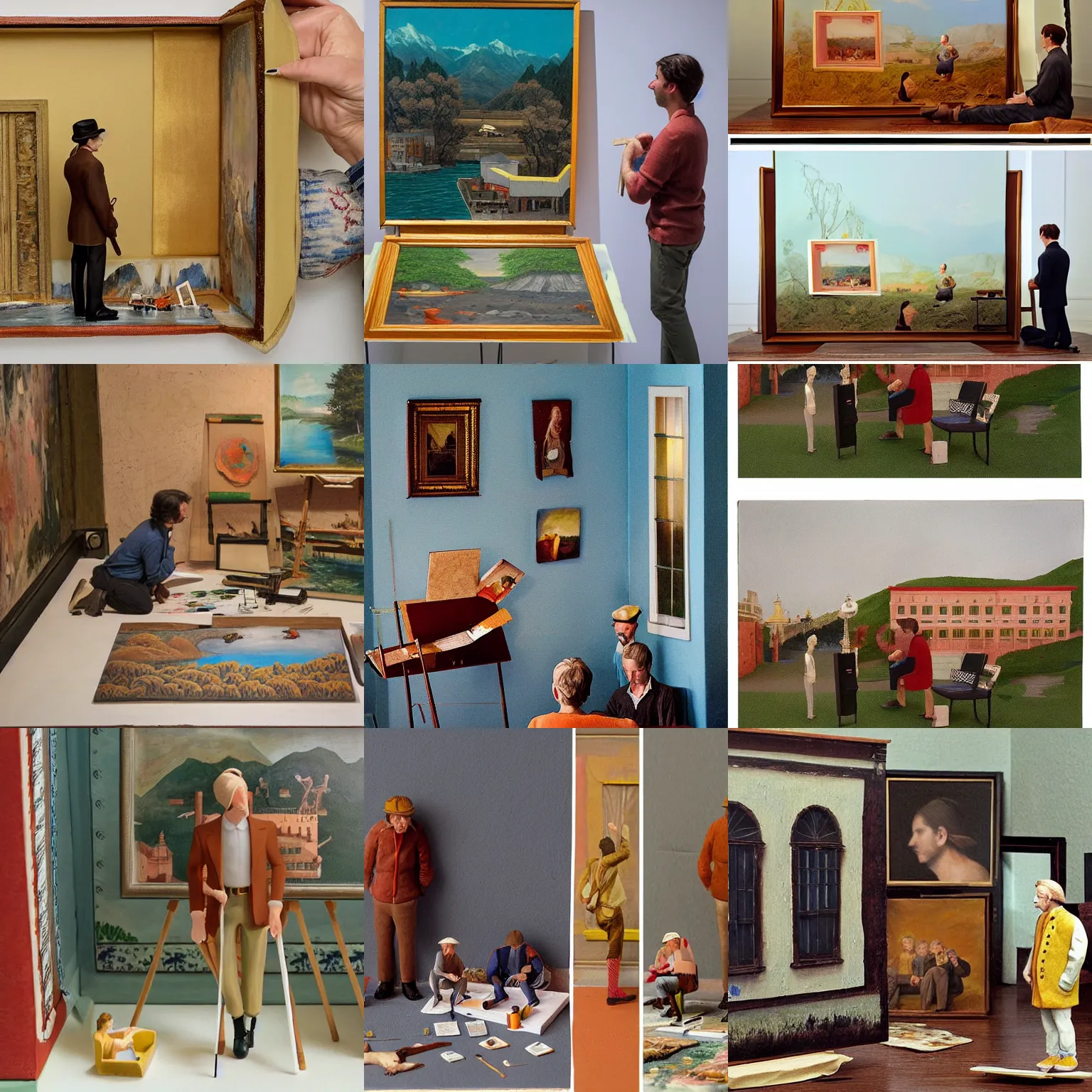 Prompt: an artist revisiting an old painting after a few more years of practice, diorama by wes anderson