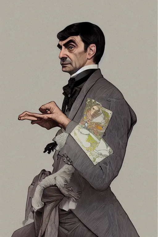 Image similar to portrait of Mister Bean. intricate, elegant. highly detailed, digital painting, artstation, concept art, smooth, sharp, focus, illustration. art by alphonse mucha