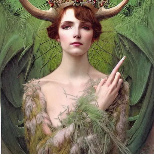 Prompt: a detailed portrait of a green haired queen of feathers with an antler crown by wayne barlowe and mucha