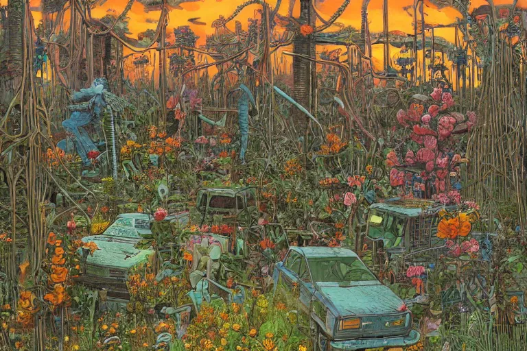 Prompt: super - detailed scene twilight junkyard, louisiana swamps, orange blooming flowers garden, 8 k, 8 0 s japanese sci - fi books art, artwork by jean giraud