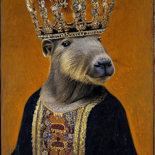 Image similar to an oil painting portrait of a capybara wearing medieval royal robes and an ornate crown on a dark background