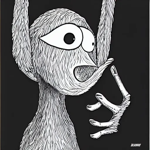 Prompt: big bird from sesame street, style of junji ito!!!!, black and white, undead