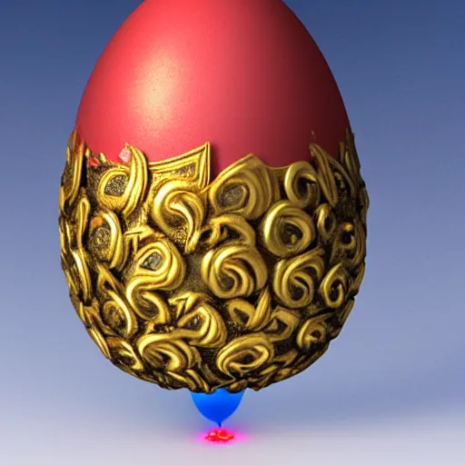 Prompt: an elaborate glowing red and blue egg emerging from the blossom of a metallic gold flower with tendrils of gold wrapping around the egg, magic eggplant, fantasy concept art