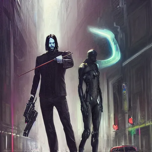 Image similar to an angry john wick in a shootout with a giger alien in the city streets, raymond swanland and magali villeneuve detailed digital painting