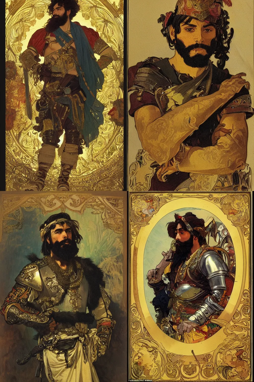 Prompt: portrait of a young rugged young man, thick black beard, expensive gold armour. cinematic lighting, highly detailed, full body shot. Very detailed. Many scars. Masterwork. Very Colourful. In the style of Alphonso Mucha