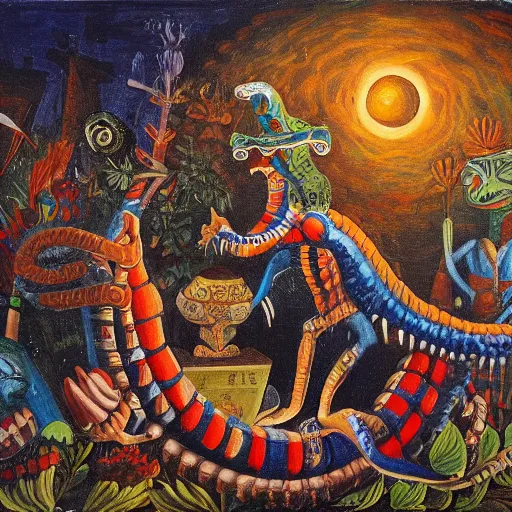 Image similar to high quality, high detail painting, dutch masterpiece, fluxus, blu, film noir, william s burroughs, high garden scene with quetzalcoatl at night, hd, muted lighting