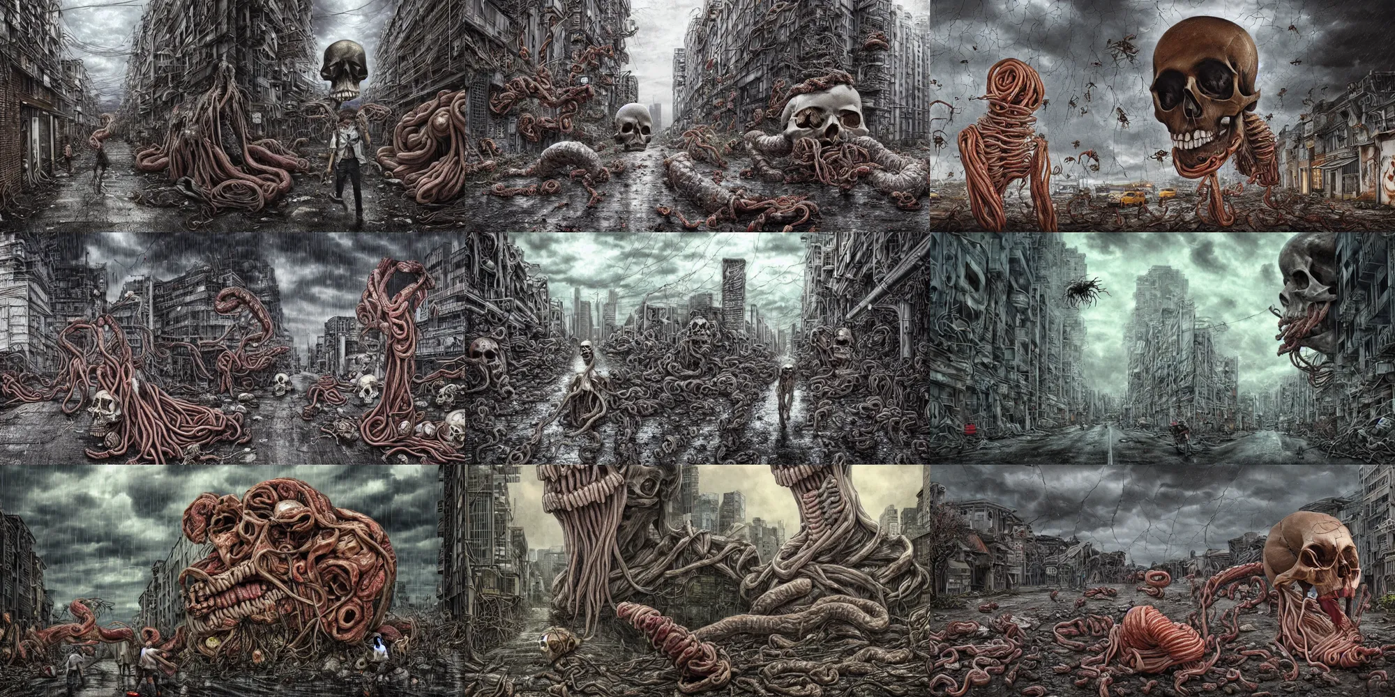 Prompt: a photorealistic giant skull wrapped in intestines, swarming with insects, in a desolate decaying city street with ominous stormclouds, heavy rain and lightning, guro art, body horror, art by Shintaro Kago, 4K, cinematic, epic lighting, UHD, HDR