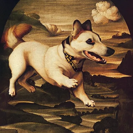 Image similar to happy corgi dog flying through cosmos, renaissance art style