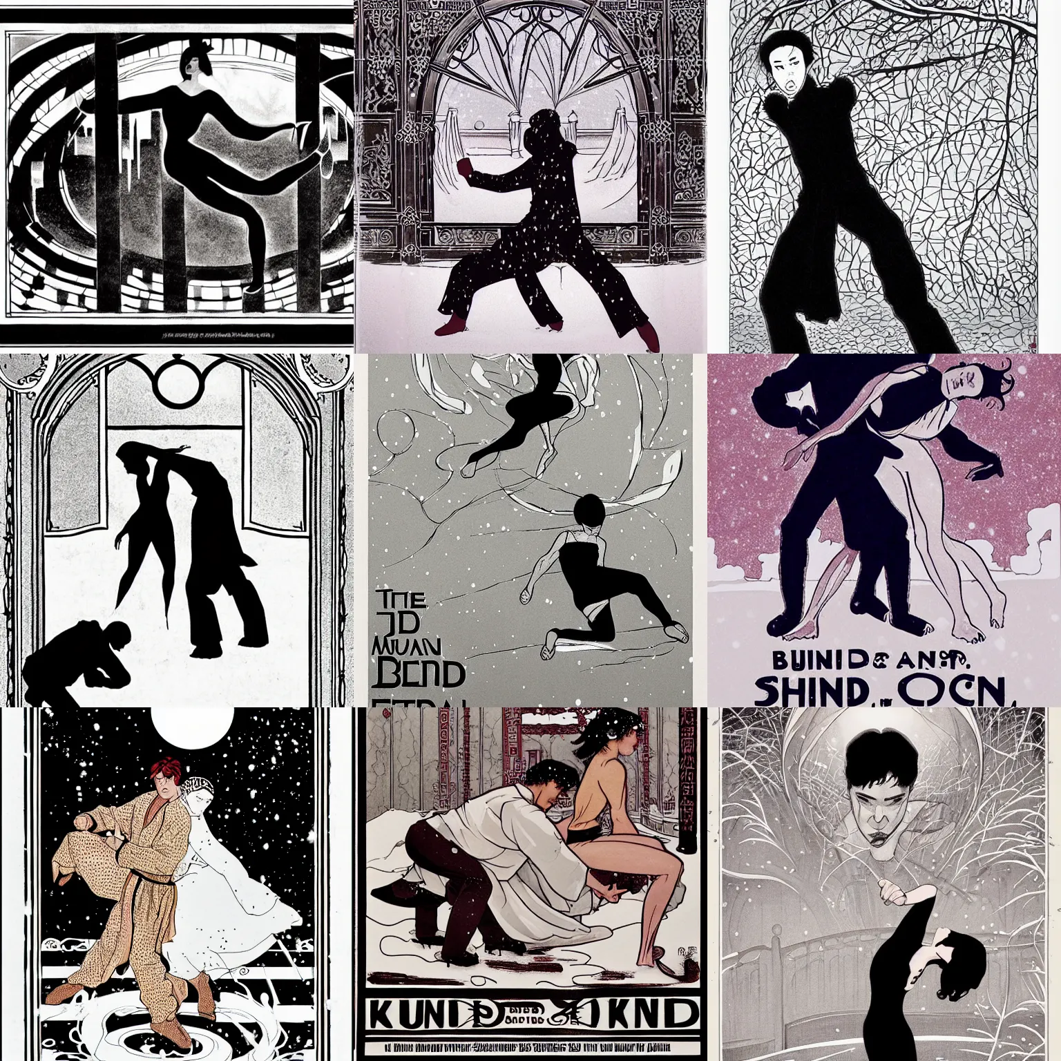 Prompt: poster for short film blind, dance, man, woman, kung fu, minimalist, monochromatic, beautiful, choreographed, art nouveau, art deco, sensual, violent, dramatic, beautiful light, snow falling, snow globe, milo manara, line drawing