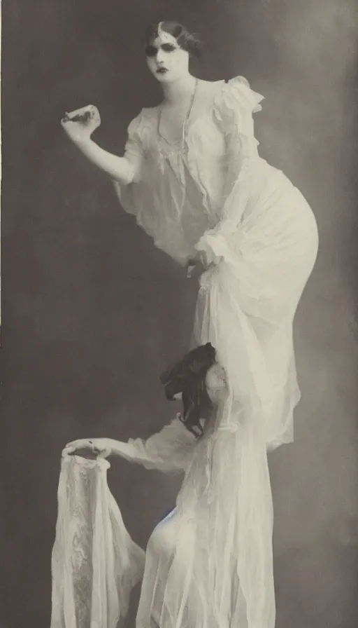 Image similar to 1922 spirit photography of a beautiful Victorian ghost in a corset