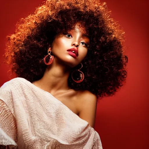 Prompt: sultry model with a curly afro, cinematic pose, intricate hair details, jewellery, big hooped earrings, long nails, off the shoulder shirt, soulful, pouty lips, real life details, soft shadows, sharp focus, volumetric lights, rim light, model, beautiful, gorgeous