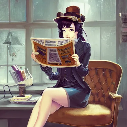 Prompt: a steampunk detective girl sitting in her office reading a newspaper | | cute - fine - face, pretty face, fine details by stanley artgerm lau, wlop, rossdraws, james jean, andrei riabovitchev, marc simonetti, and sakimichan, trending on artstation