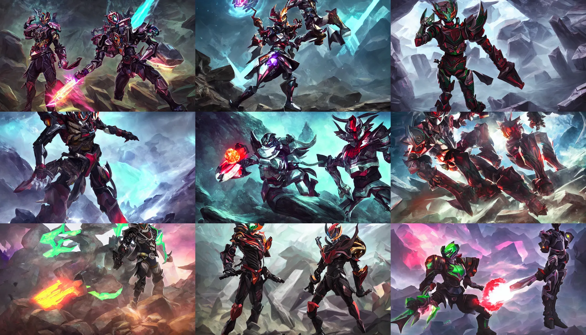 Prompt: Kamen Rider wearing segmented demonic armor standing in a rock quarry doing a henshin pose, League of Legends Splash Art, high quality, 4k, concept art, illustration, Arcane