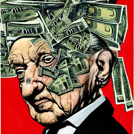 Image similar to George Soros full body shot, dollar bills Body horror, biopunk, by Ralph Steadman, Francis Bacon, Hunter S Thompson