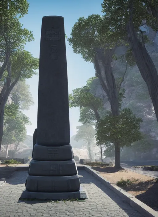 Image similar to highly detailed render of a futuristic monument stele standing on the road made in unreal engine 4