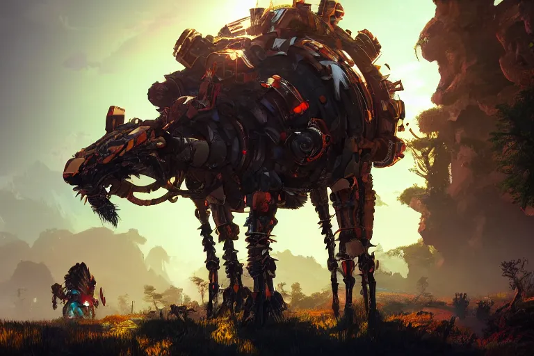 Image similar to bristleback machine mecanical creature robot of horizon forbidden west horizon zero dawn radiating a glowing aura global illumination ray tracing hdr fanart arstation by ian pesty and alena aenami artworks in 4 k