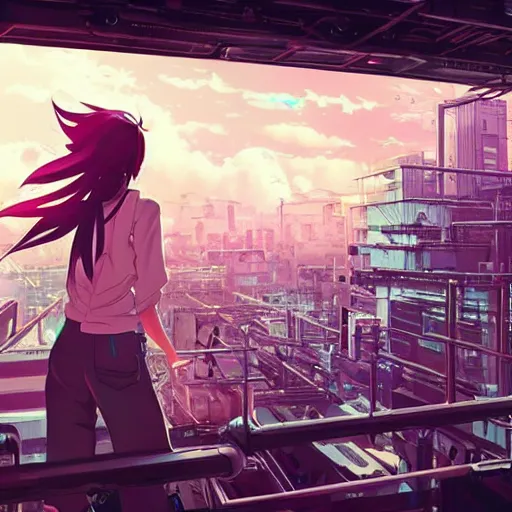 Prompt: android mechanical cyborg anime girl overlooking overcrowded urban dystopia. long flowing hair. scaffolding. pink pastel clouds. gigantic future city. raining. makoto shinkai. wide angle. distant shot.