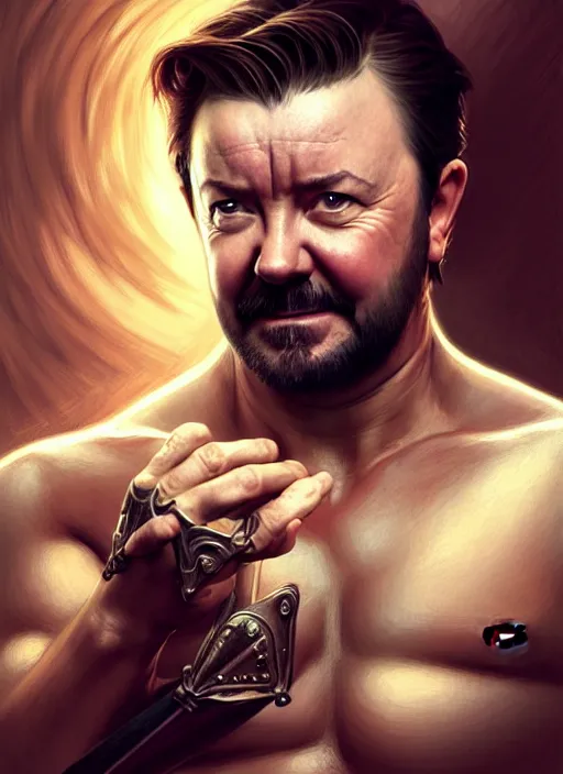 Image similar to portrait of ricky gervais, d & d, muscular! fantasy, intricate, elegant, highly detailed, digital painting, artstation, concept art, smooth, sharp focus, illustration, art by artgerm and greg rutkowski and alphonse mucha