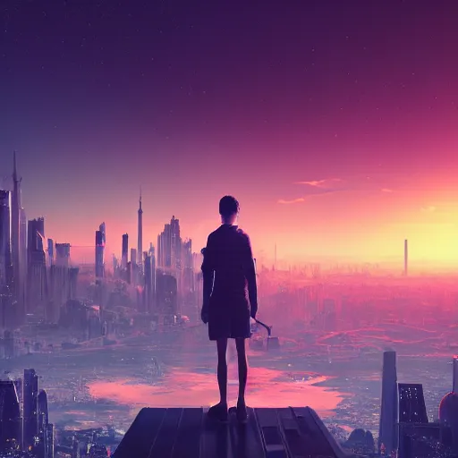 Image similar to alone person tempted by the desperate call of the void, futuristic cityscape, wide shot unreal 5 render, studio ghibli, vivid colors, beautiful sunset, digital art, octane render, beautiful composition, trending on artstation, award winning photograph, masterpiece