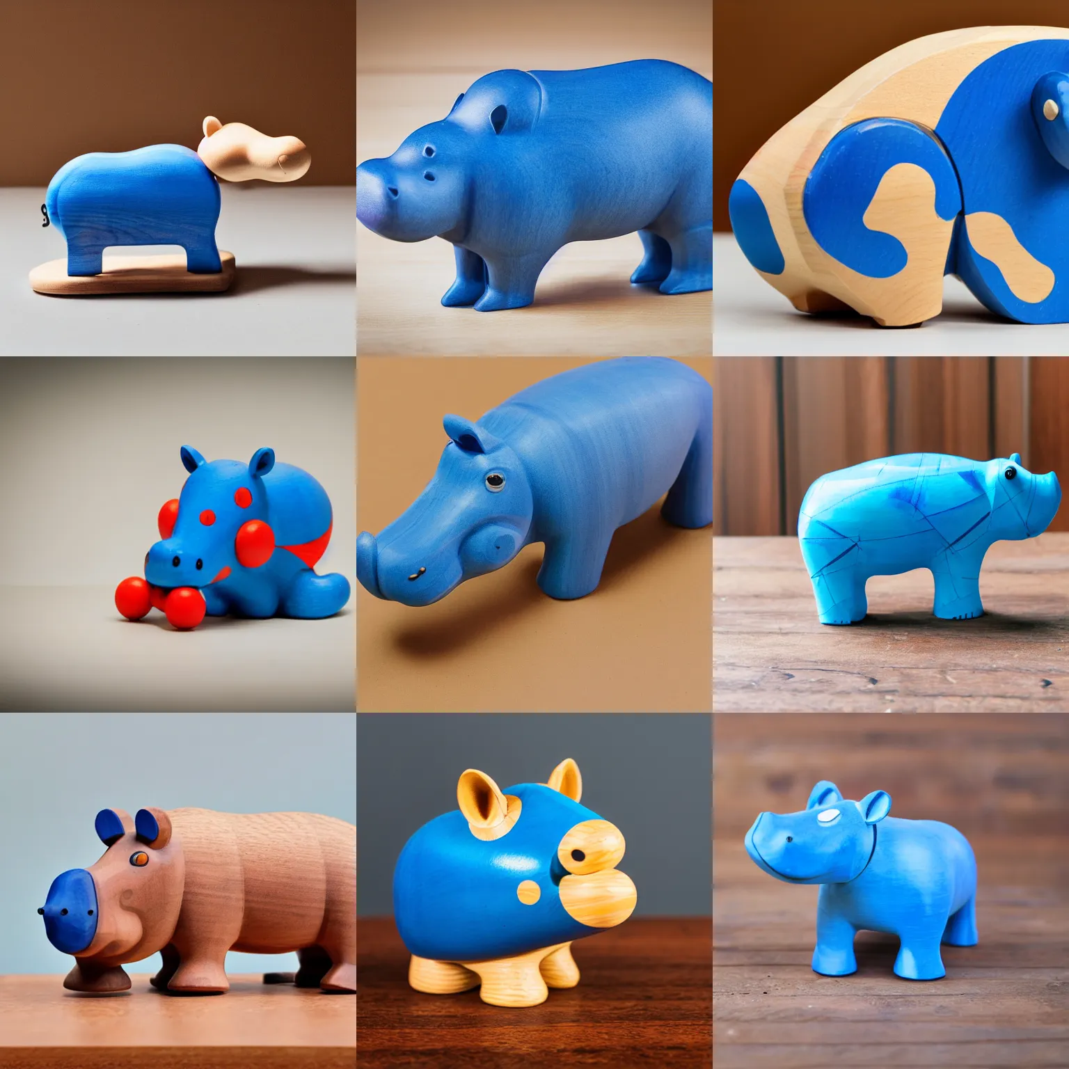 Prompt: product photo of a toy wooden hippo, segmented body, blue paint on top