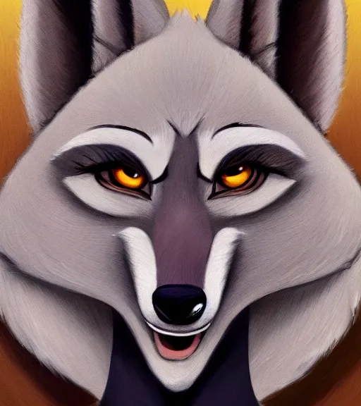 Image similar to oil painting headshot of anthromorphic female wolf, in style of zootopia, zootopia, zootopia, fursona, furry, furaffinity, 4 k, deviantart, furry art, fursona art, wearing black business suit, business suit, in style of zootopia, wolf fursona, cyberpunk, female, expressive detailed feminine face,