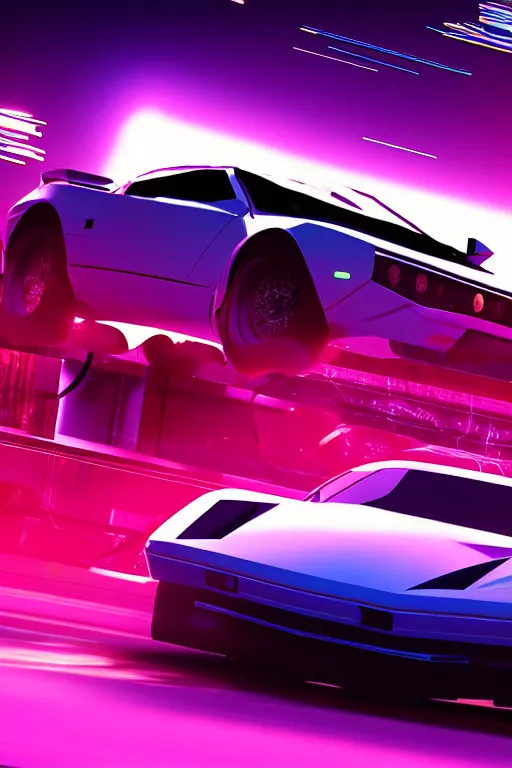 Image similar to quantum entanglement的synthwave sports car ,by Austin English ,cinema lighting,Game scene graph , very high detailed Unreal engine, in the style of a 70s science fiction novel cover