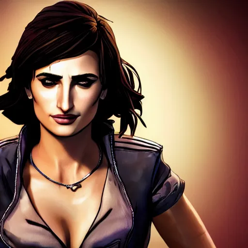 Image similar to penelope cruz portrait, borderlands, tales from the borderlands, the wolf among us, comic, cinematic lighting, studio quality, 8 k