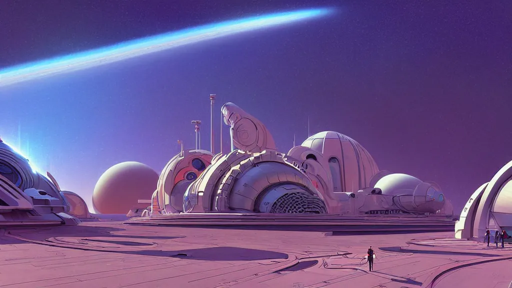 Image similar to digital render. deep space robotic spaceport. retro. space science fiction digital painting. bruce pennington. zaha hadid. beeple. john schoenher. syd mead. alphonse mucha. tim mcburnie