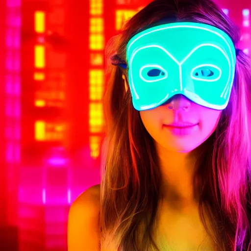 Image similar to girl with neon mask in a retrowave cityscape, 4 k, fhd, - w 9 6 0