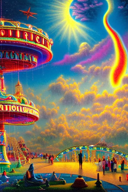 Prompt: a photorealistic detailed cinematic image of a beautiful vibrant iridescent future for human evolution, spiritual science, divinity, utopian, cumulus clouds, ornate amusement park, waterfall, celebration, isometric, by david a. hardy, kinkade, lisa frank, wpa, public works mural, socialist