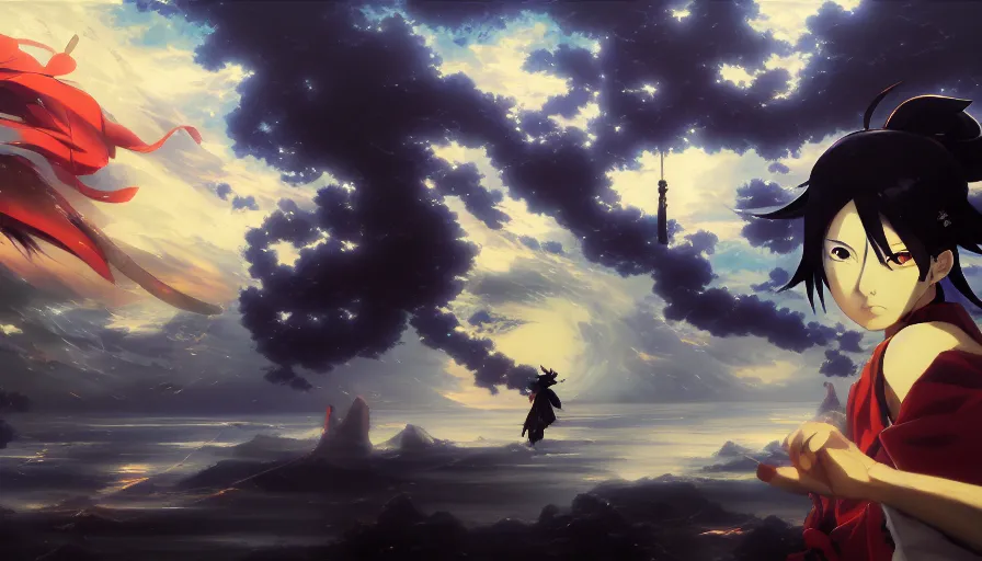 Image similar to baroque oil painting of key visual ninja war, storm, fake detail, trending pixiv fanbox, acrylic palette knife, style of makoto shinkai takashi takeuchi yoshiyuki sadamoto greg rutkowski chiho aoshima