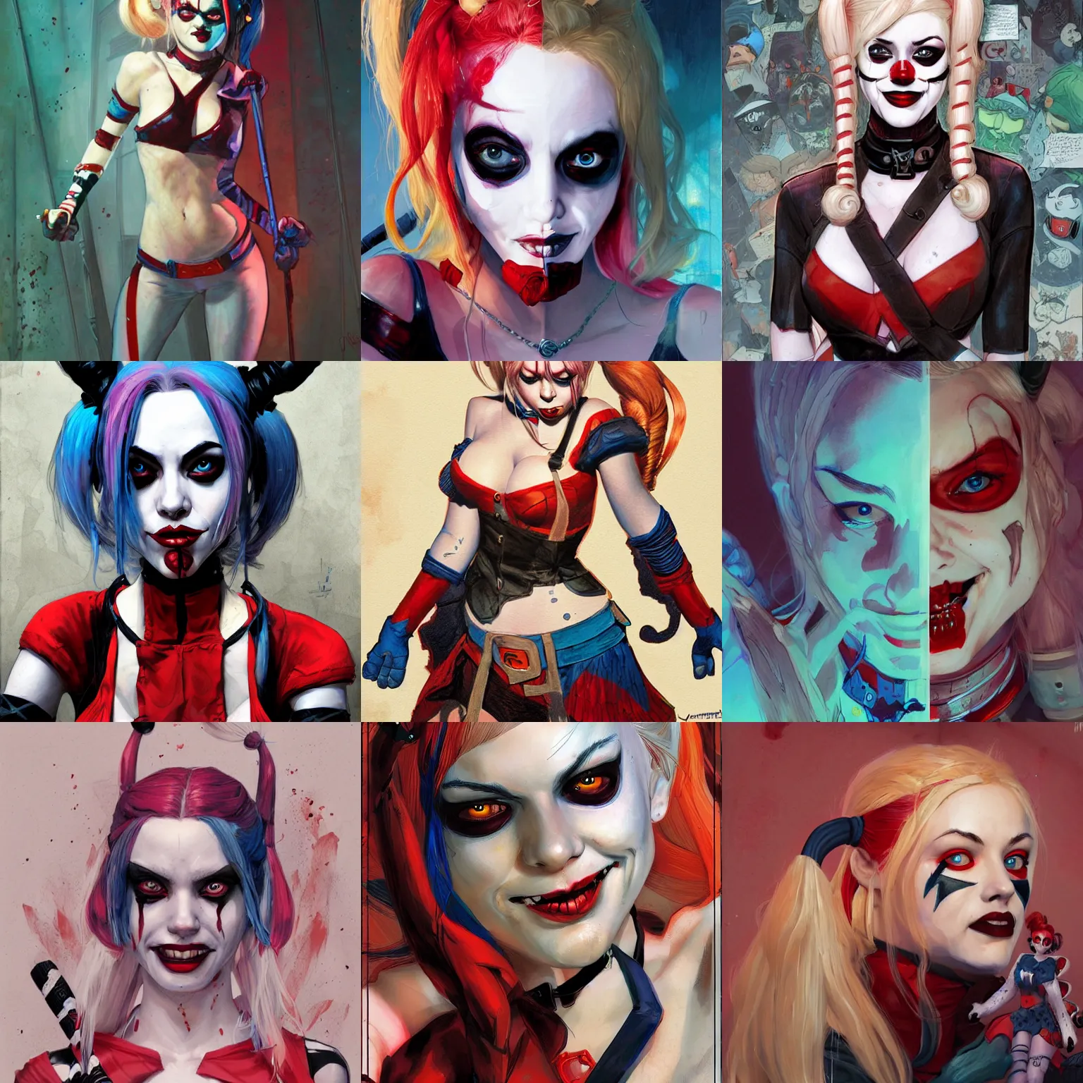 Prompt: cosplay on Harley Quinn on Halloween, illustration, comic, by James Jean, by John Coltrane and Marc Simonetti, high detail of the face, full body