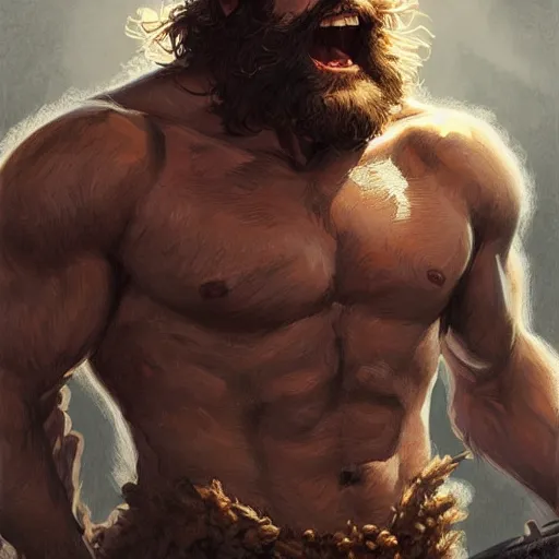 Prompt: portrait of a young rugged male barbarian, handsome, upper body, hairy torso!!!, D&D, muscular, fantasy, intricate, elegant, highly detailed, digital painting, artstation, concept art, smooth, sharp focus, illustration, art by artgerm and greg rutkowski and alphonse mucha