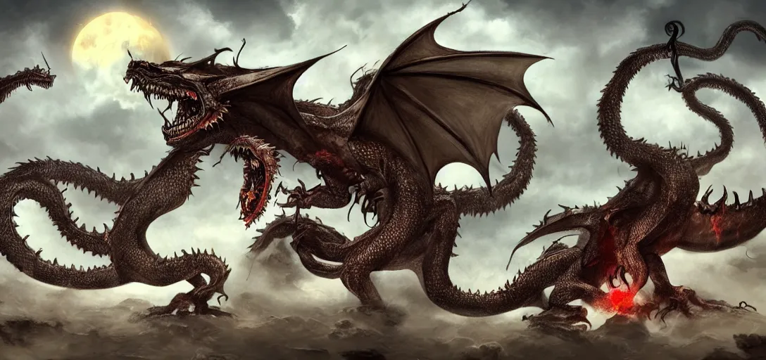 Prompt: concept art of dragon attack, lovecraftian, lots of teeth, melting horror, feathers, round moon, rich clouds, fighting the horrors of the unknown with laser guns, high resolution, detailed