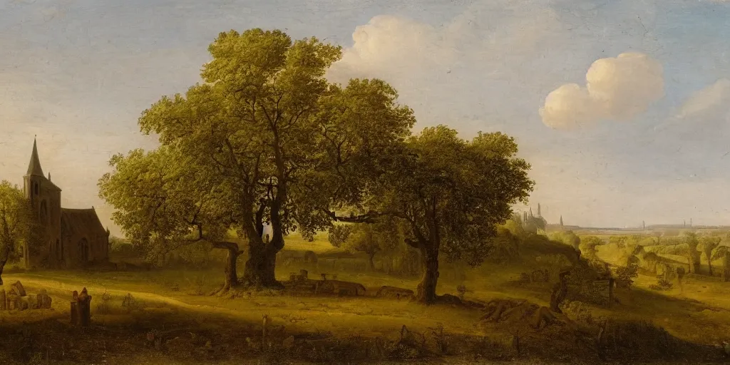 Image similar to a beautiful landscape painting of a giant tree next to a church in the fields, by jan van goyen, oil on canvas, highly detailed, hd, 4 k