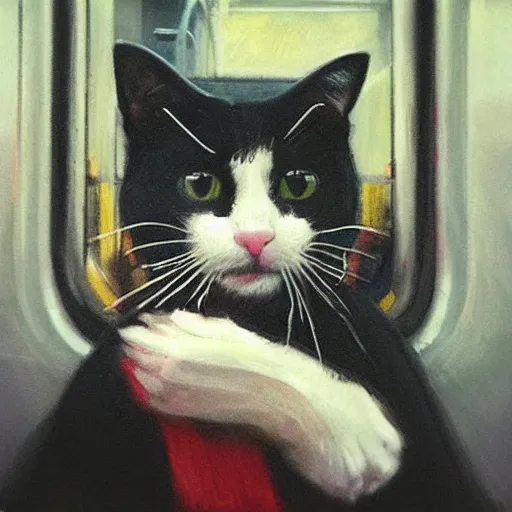 Image similar to “ a cat riding the subway in new york city, by daniel gerhartz ”