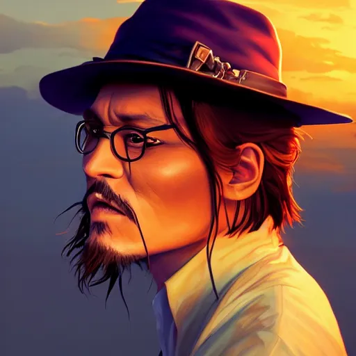 Prompt: johnny depp, sunset, behance hd by jesper ejsing, by rhads, makoto shinkai and lois van baarle, ilya kuvshinov, rossdraws radiating a glowing aura global illumination ray tracing hdr