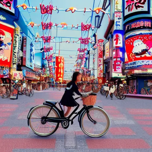 Prompt: anime girl riding bicycle in highly detailed dotonbori street, studio ghibli style, by hayao miyazaki, sharp focus, highly detailed, 4k