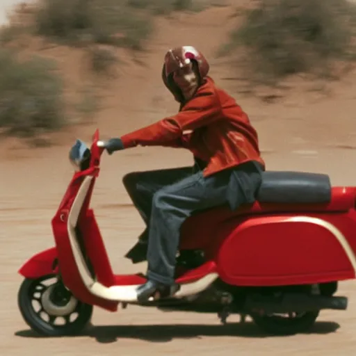 Image similar to a man in a red bomber jacket riding a moped through the desert, film still by Wes Anderson