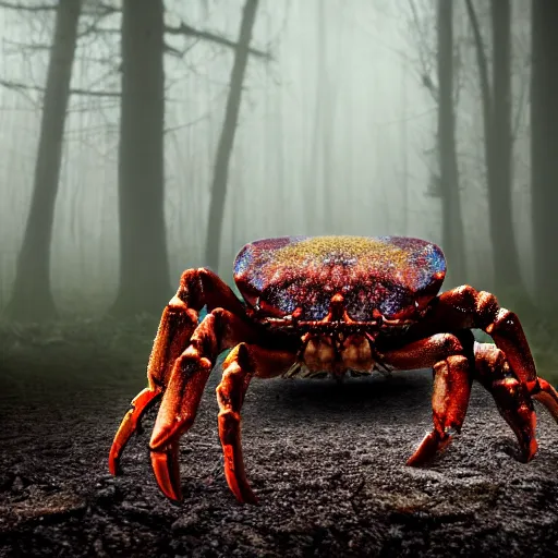 Image similar to eldritch crab being emerging from the ground in a hauntend forest, foggy mysterious, creepy, cinematic, dramatic, 8k, horror, highly detailed, sharp focus, dynamic lighting, photograph, texture