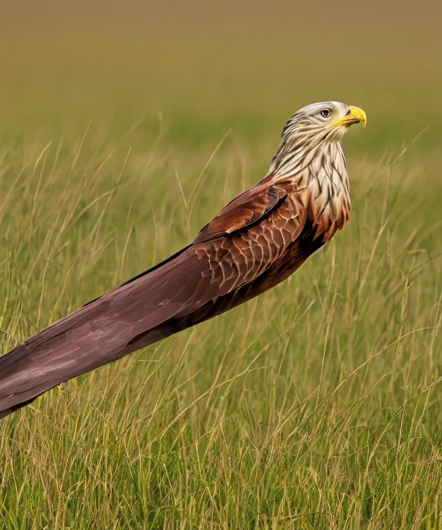 Prompt: realistic, photograph of a red kite bird standing in a field, 4 k, hd, nature photography, telephoto, wildlife photography