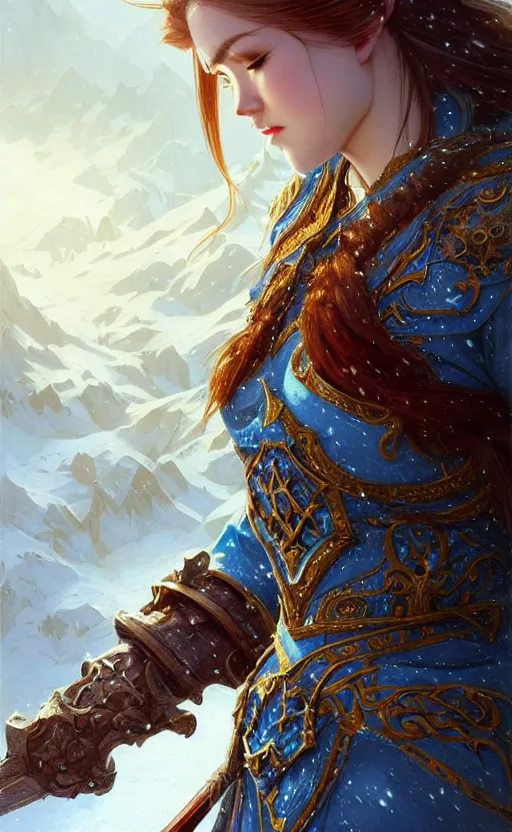 Image similar to azure viking warrior, regal, elegant, winter, snow, beautiful, stunning, hd, illustration, epic, d & d, fantasy, intricate, elegant, highly detailed, wide angle, digital painting, artstation, concept art, smooth, sharp focus, illustration, wallpaper, art by artgerm and greg rutkowski and alphonse mucha and jin xiaodi