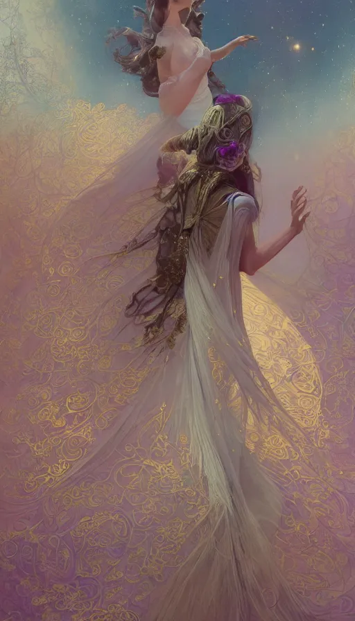 Image similar to dance meditation, madison beer, long beautiful voluminous medieval court dress with train and embroidered flowers, highly detailed, glowing, action pose, cinematic, art deco, gold filigree, ethereal, alfonso mucha, zdzisław beksinski, andrei ryabovichev, shaun tan, chriss foss, peter mohrbacher, 4 k