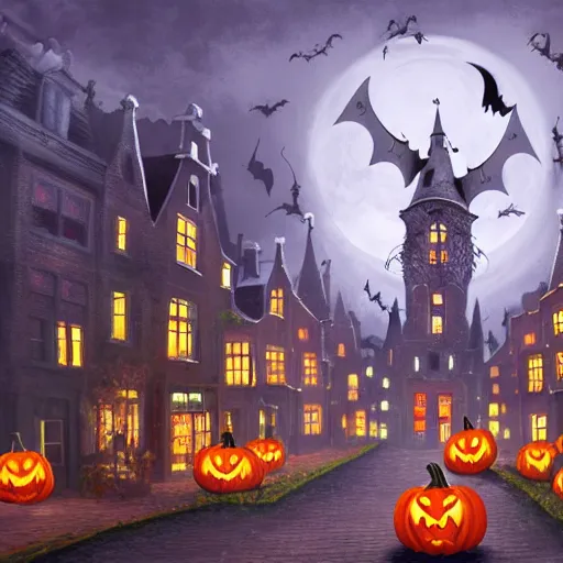 Prompt: A bustling magical town with witches flying all around inspired by amsterdam and Halloween Town from the nightmare before christmas, concept art, matte painting, trending on art station, ultra high quality, masterpiece